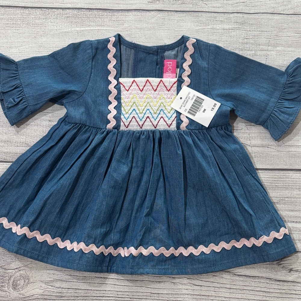 Good Lad Baby Girls Denim Smocked Dress with Pink and Multicolor Zigzag